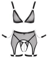 Cottelli BONDAGE Set mit Triangel-BH, Strapsgürtel, Ouvert-String und Soft-Handfesseln